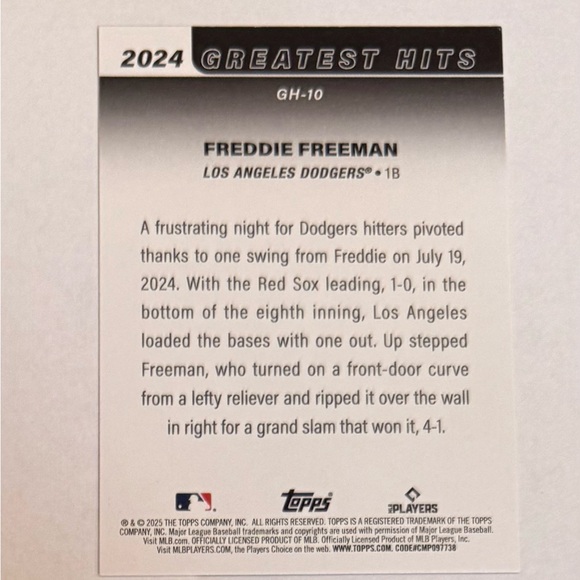 2025 Topps 2024  Greatest Hits Freddie Freeman # GH-10 Dodgers - Picture 6 of 8